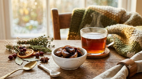 黒にんにくと温かいお茶・毛布のある冷え対策の食卓