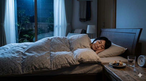 夜の寝室で安らかに眠る40代日本人女性。月明かりとベッドサイドの黒にんにくが質の高い睡眠をイメージ
