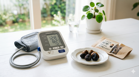 血圧計と黒にんにく - 健康管理イメージ