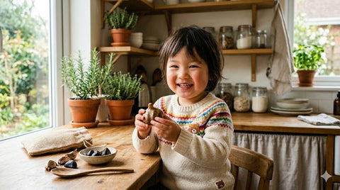 明るいキッチンで黒にんにくを手に笑顔の日本人の幼児